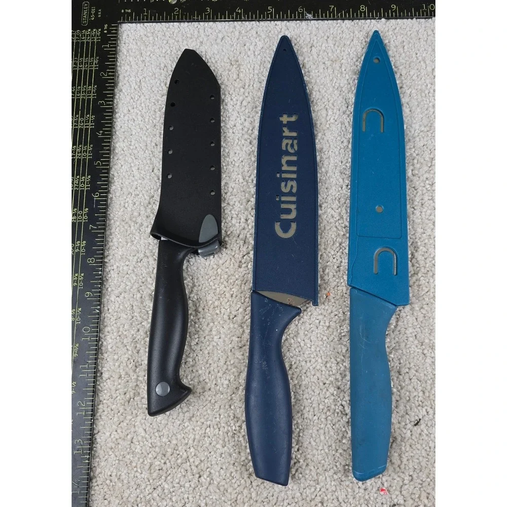 Cuisinart Farberware Chef Knife Set Blue Black 3 Piece With Sheaths Used